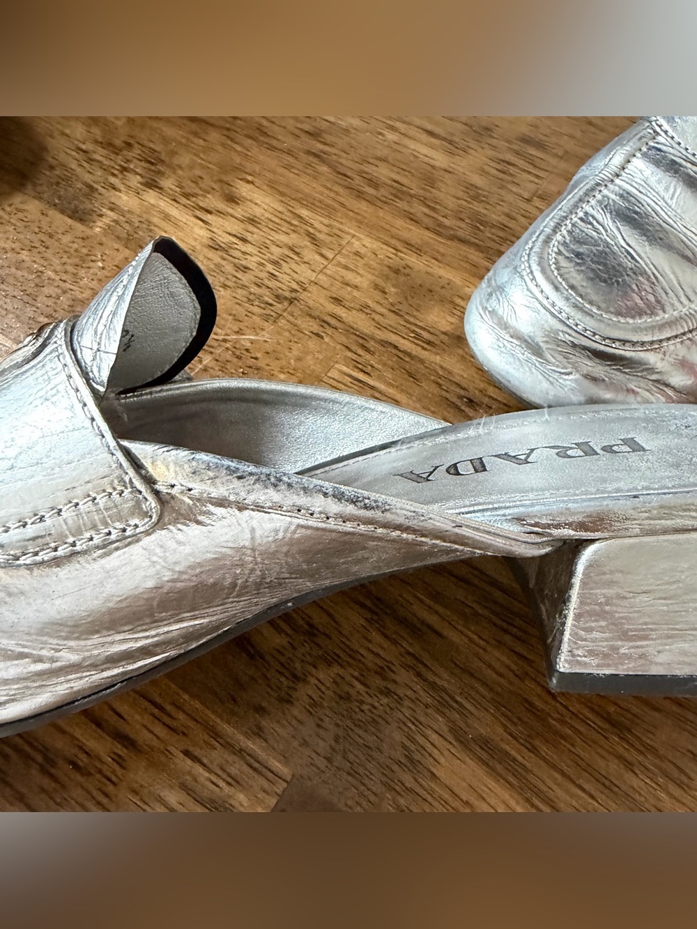 PRADA Silver Metallic Leather Mules Loafer Slides size 7 37.5 - Picture 12 of 12